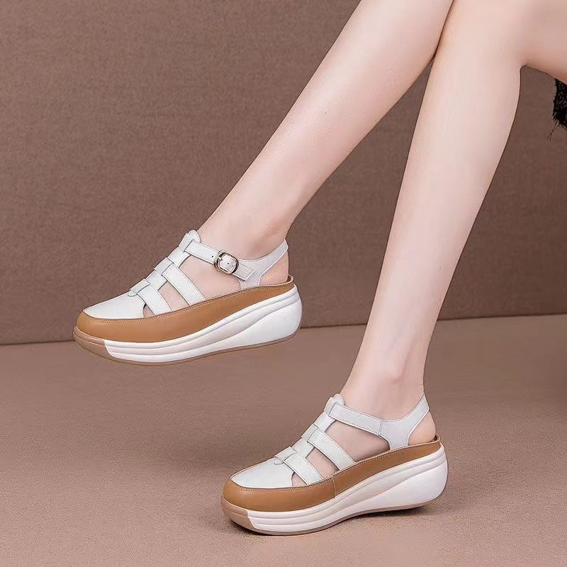 Sandalias de cuero genuinas para mujeres 2024 nuevas zapatillas de verano con suelas de pastel