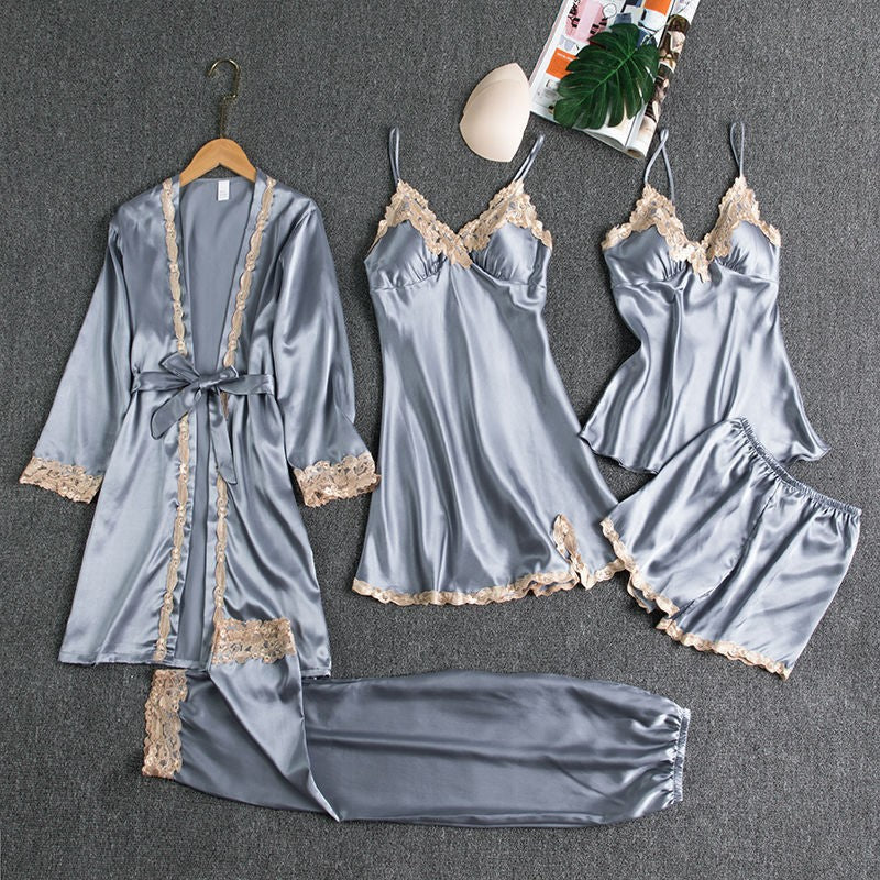 Conjunto de Pijama Feminino com 5 Peças em Cetim de Seda
