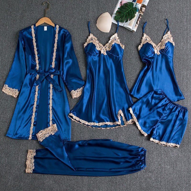 Conjunto de Pijama Feminino com 5 Peças em Cetim de Seda