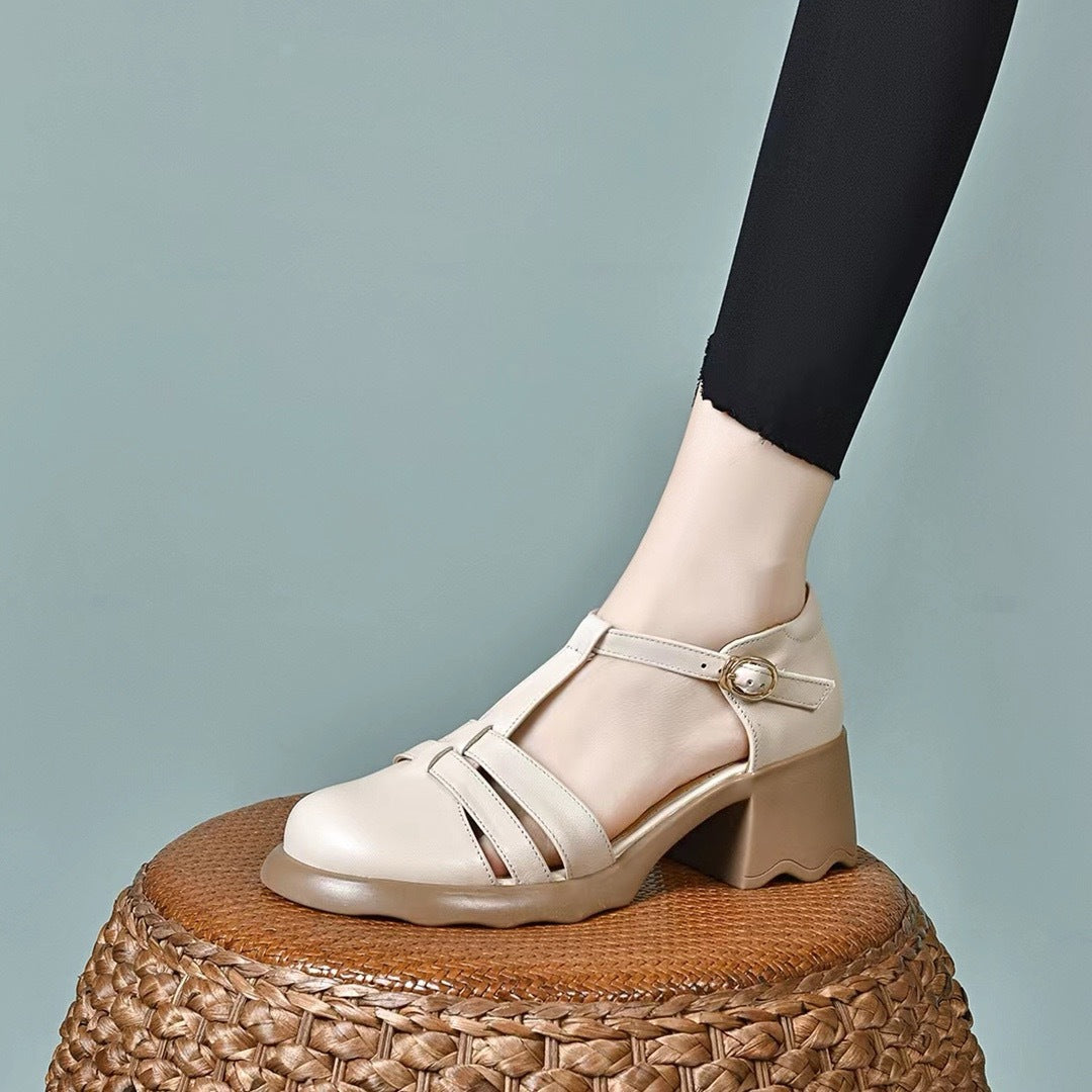 Sandalias de tacón de bloque con punta redonda y estilo moderno
