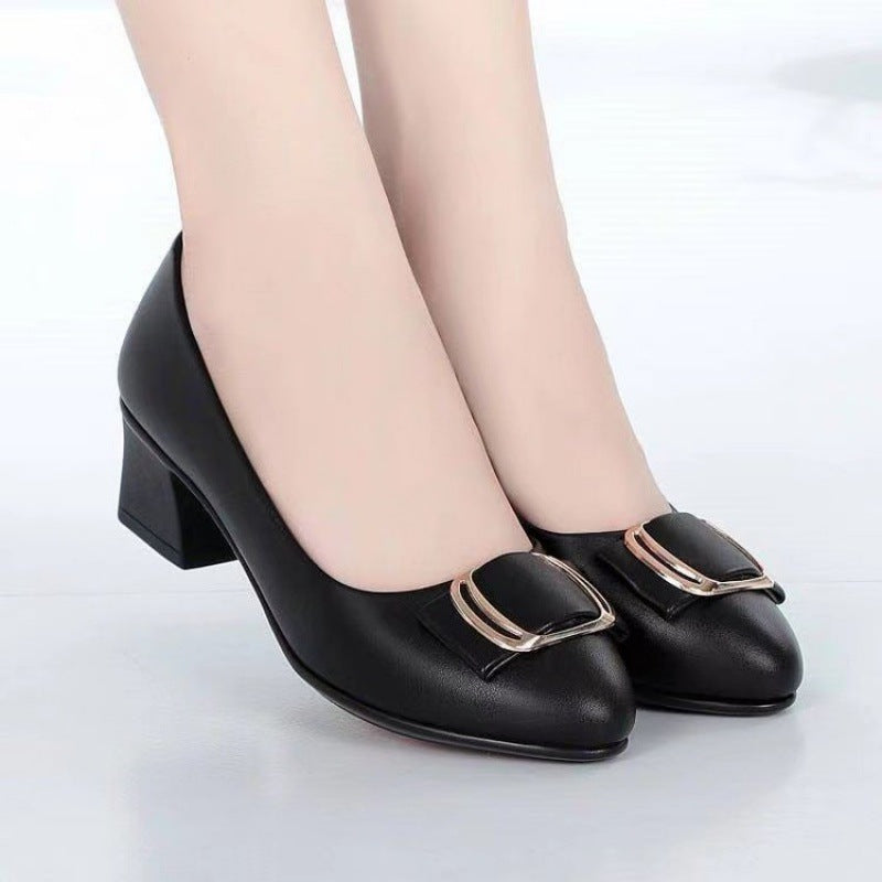 Zapatos individuales de piel realmente blanda de alta calidad con talón grueso en el tacón medio femenino 2025 nuevos zapatos de trabajo de tacón alto