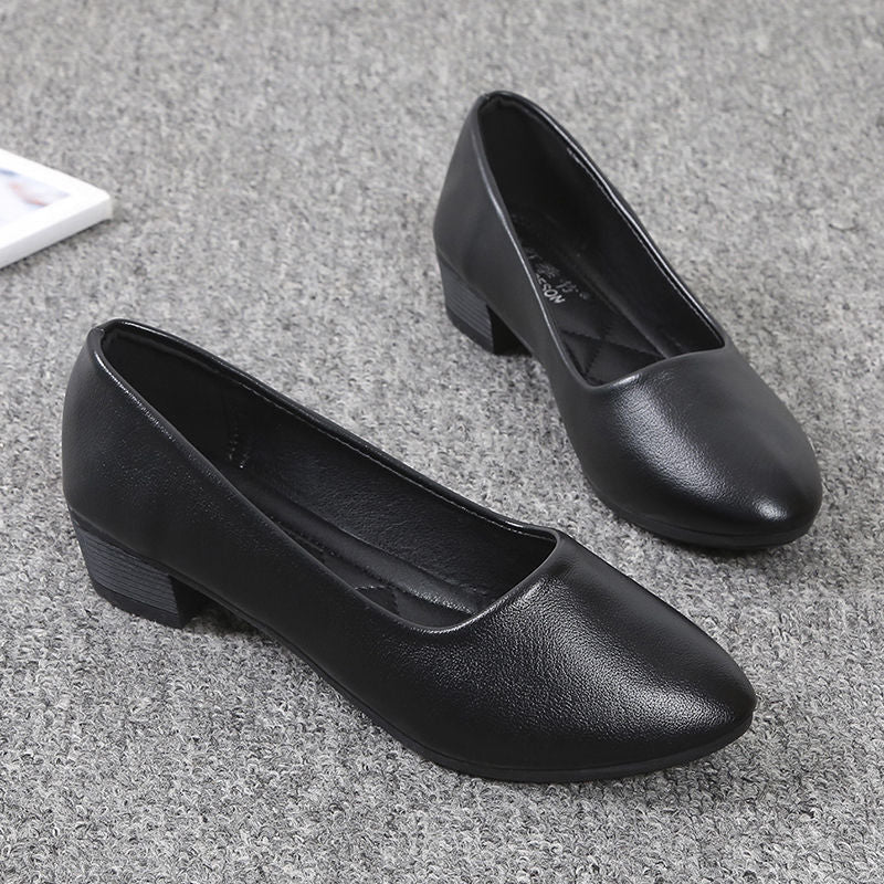 Zapatos de cuero de tacón grueso con suela suave y fondo plano