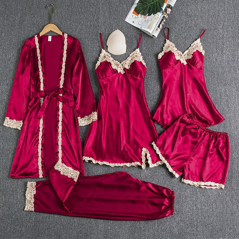 Conjunto de Pijama Feminino com 5 Peças em Cetim de Seda