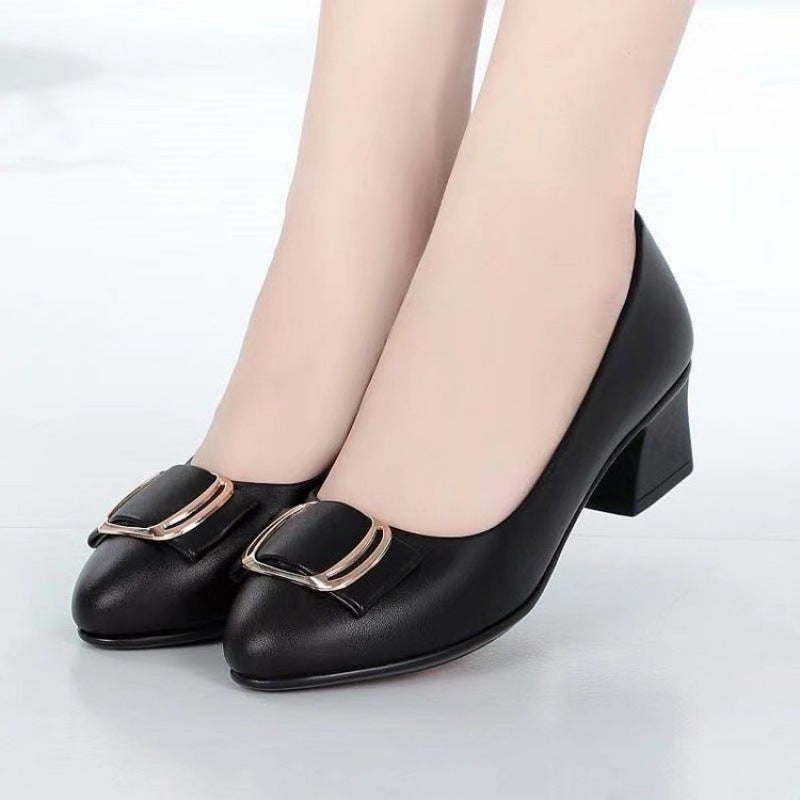 Zapatos individuales de piel realmente blanda de alta calidad con talón grueso en el tacón medio femenino 2025 nuevos zapatos de trabajo de tacón alto