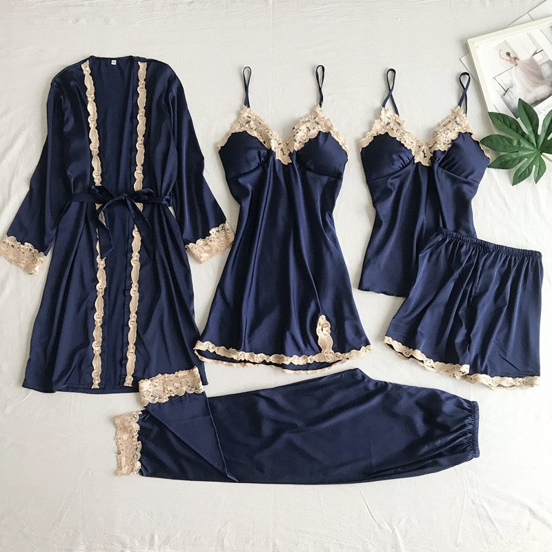 Conjunto de Pijama Feminino com 5 Peças em Cetim de Seda