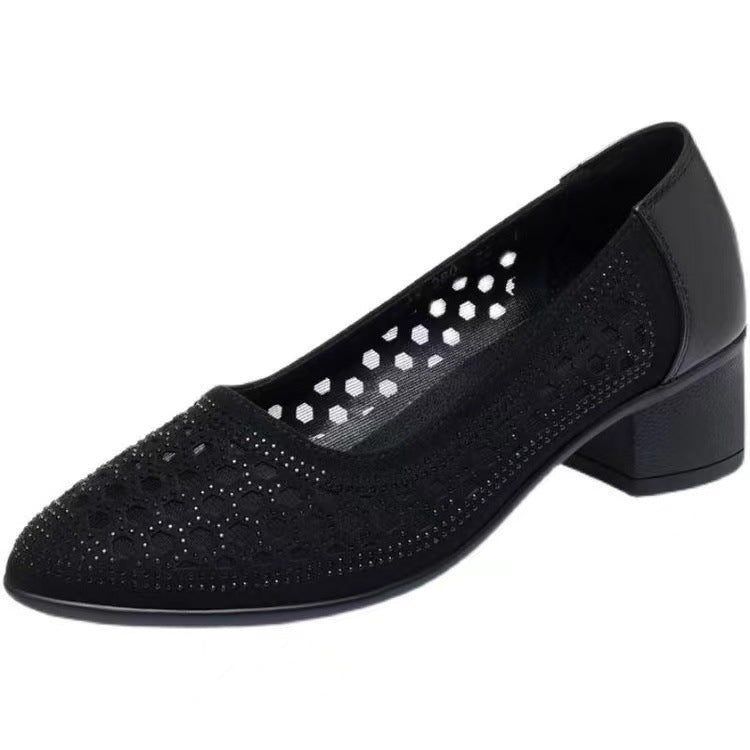 Zapatos de mujer de mediana edad de talón grueso 2025 zapatos de madre de malla de diamante caliente de moda