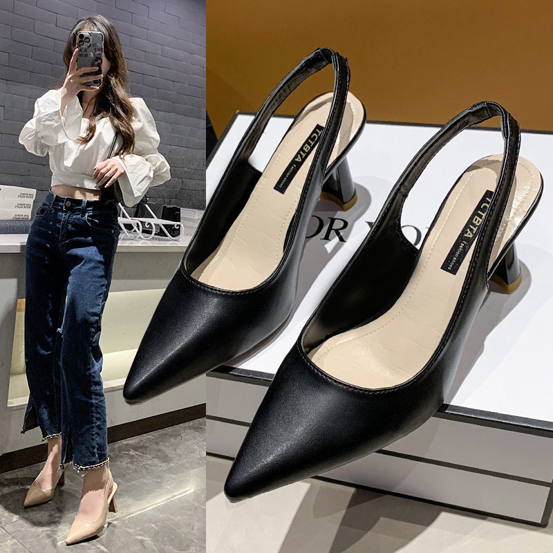 Tacones altos puntiagudos mujeres tacones finos sandalias vacías detrás de zapatos individuales