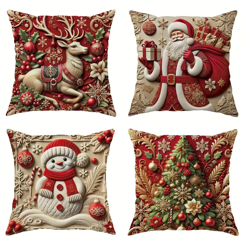 Juego de 4 Fundas de Cojín Navideñas de Terciopelo