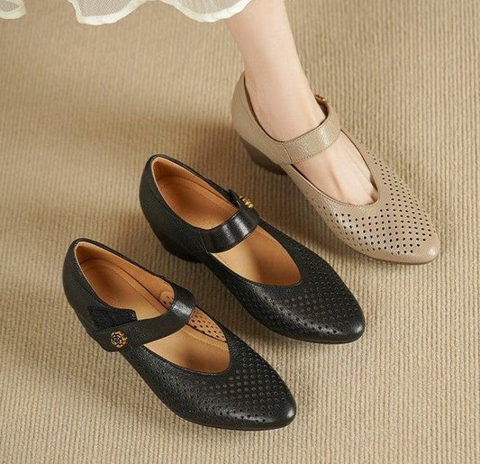 Zapatos de piel con tacón grueso y cuña hueca