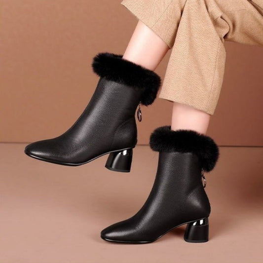 Botas de tacón alto de piel femenina (pelusa gruesa)