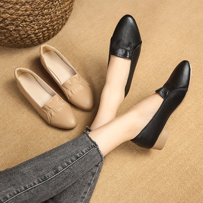 2025 nuevo zapato de piel blanda de primavera con talón grueso y medio para mujeres