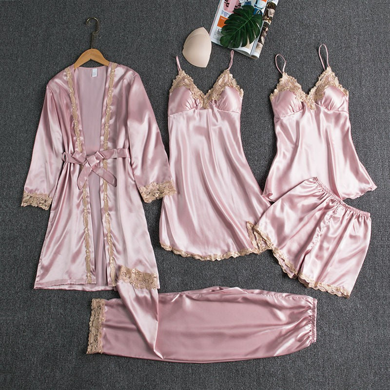 Conjunto de Pijama Feminino com 5 Peças em Cetim de Seda
