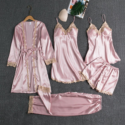 Conjunto de Pijama Feminino com 5 Peças em Cetim de Seda