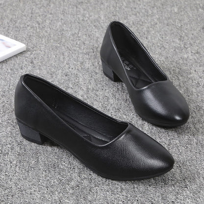 Zapatos de cuero de tacón grueso con suela suave y fondo plano