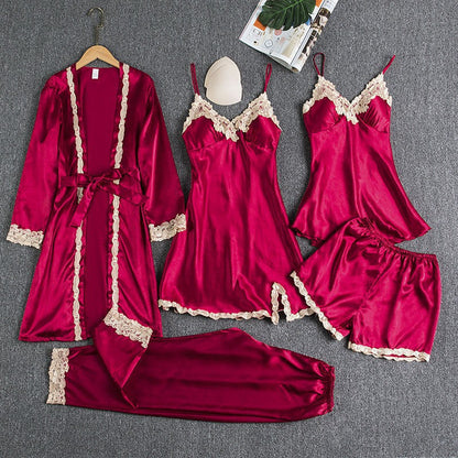 Conjunto de Pijama Feminino com 5 Peças em Cetim de Seda