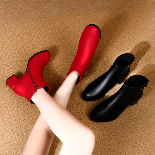 Botas de cuero para mujeres (negro y rojo sólido)