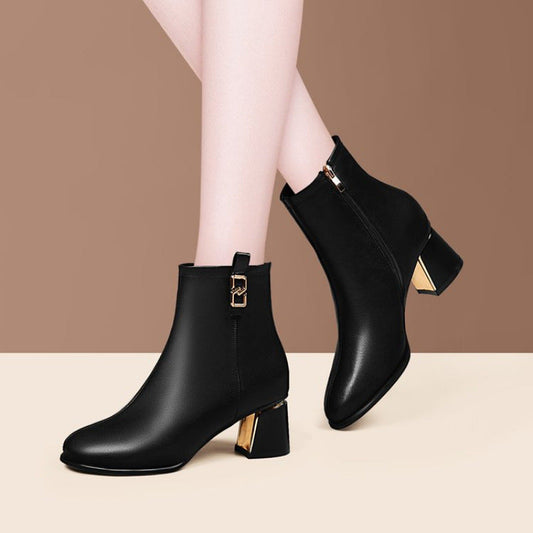 Botas de cuero femeninas con tacones de terciopelo (encaje dorado)
