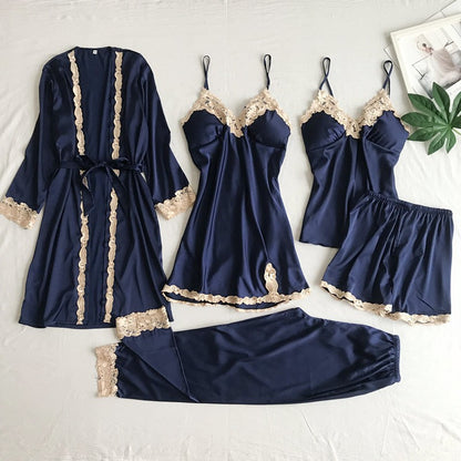 Conjunto de Pijama Feminino com 5 Peças em Cetim de Seda