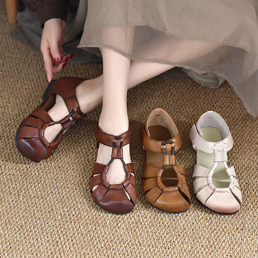 Sandalias romanas de piel blanda nuevo talón grueso para mujeres de verano 2025
