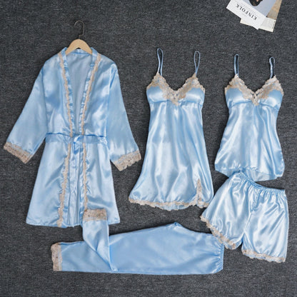 Conjunto de Pijama Feminino com 5 Peças em Cetim de Seda